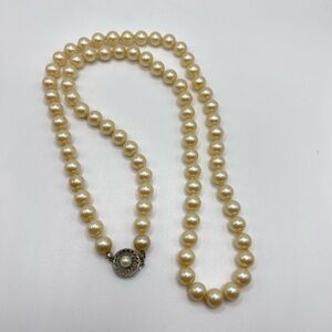 Vintage Faux Pearl Necklace 27” Stamped Sterling Silver Clasp